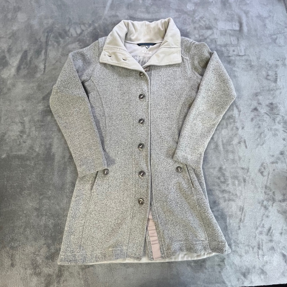 KUHL Alska Long Fleece Jacket Womens XS Gray Button Front Shearling Lined Coat